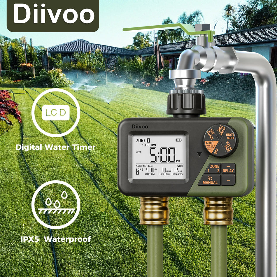 Diivoo Automatic Garden Water Timer with Dual Outlets and Rain Delay