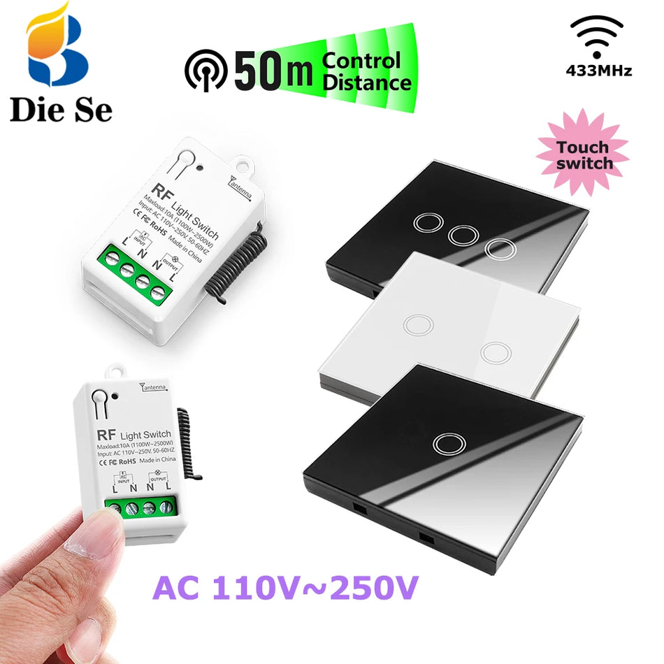 Interruptor de Luz Táctil Sem Fios 433MHz Transmissor Remoto, 110-250V AC, Relé de 10A