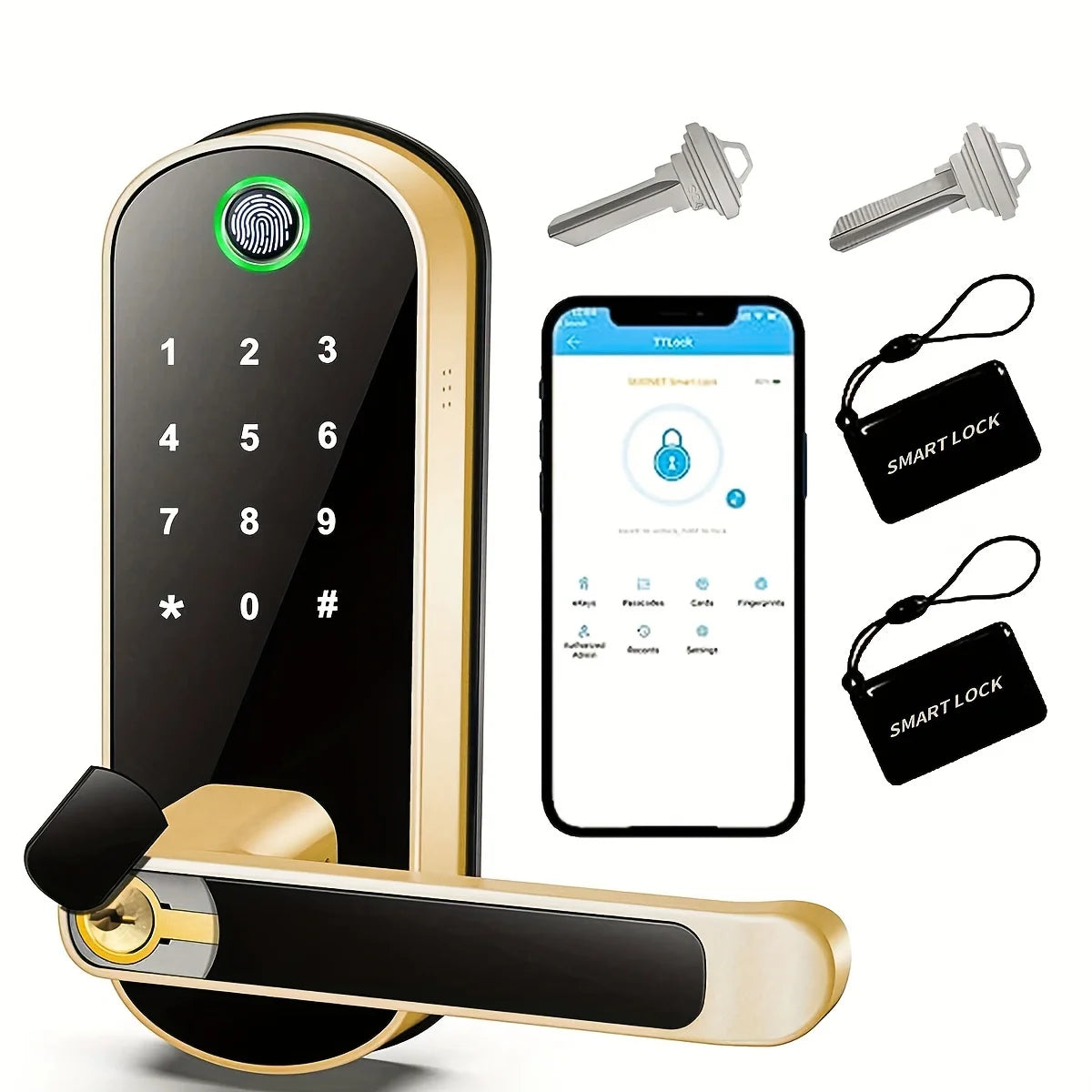 Smart Fingerprint Door Lock App Remote Control Keyless WIFI Digital Touchscreen Lock NFC IP67 Waterproof with 2 IC Cards Gold
