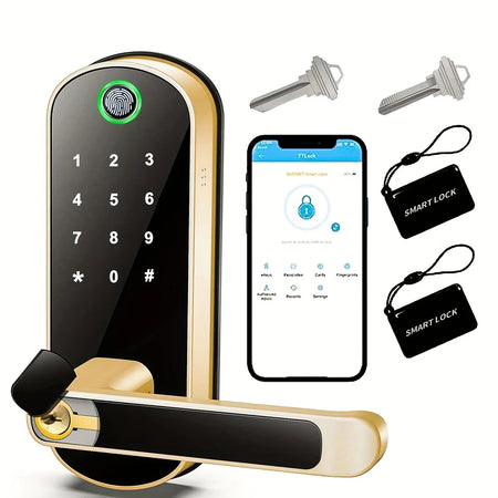 Smart Fingerprint Door Lock App Remote Control Keyless WIFI Digital Touchscreen Lock NFC IP67 Waterproof with 2 IC Cards Gold