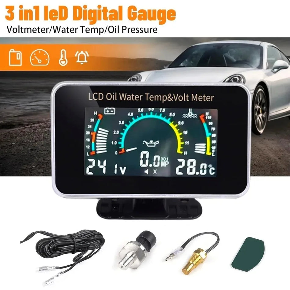 3 In 1 LCD-automittari öljynpaineelle, vesilämpötilalle, voltmeterille, 1/8 NPT