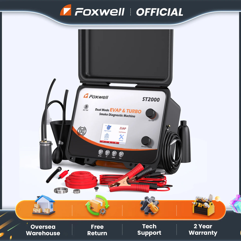 FOXWELL ST2000 Macchina per fumo automobilistica con pompa d'aria integrata, display, tester di perdite a doppia modalità, sistema EVAP e turbo