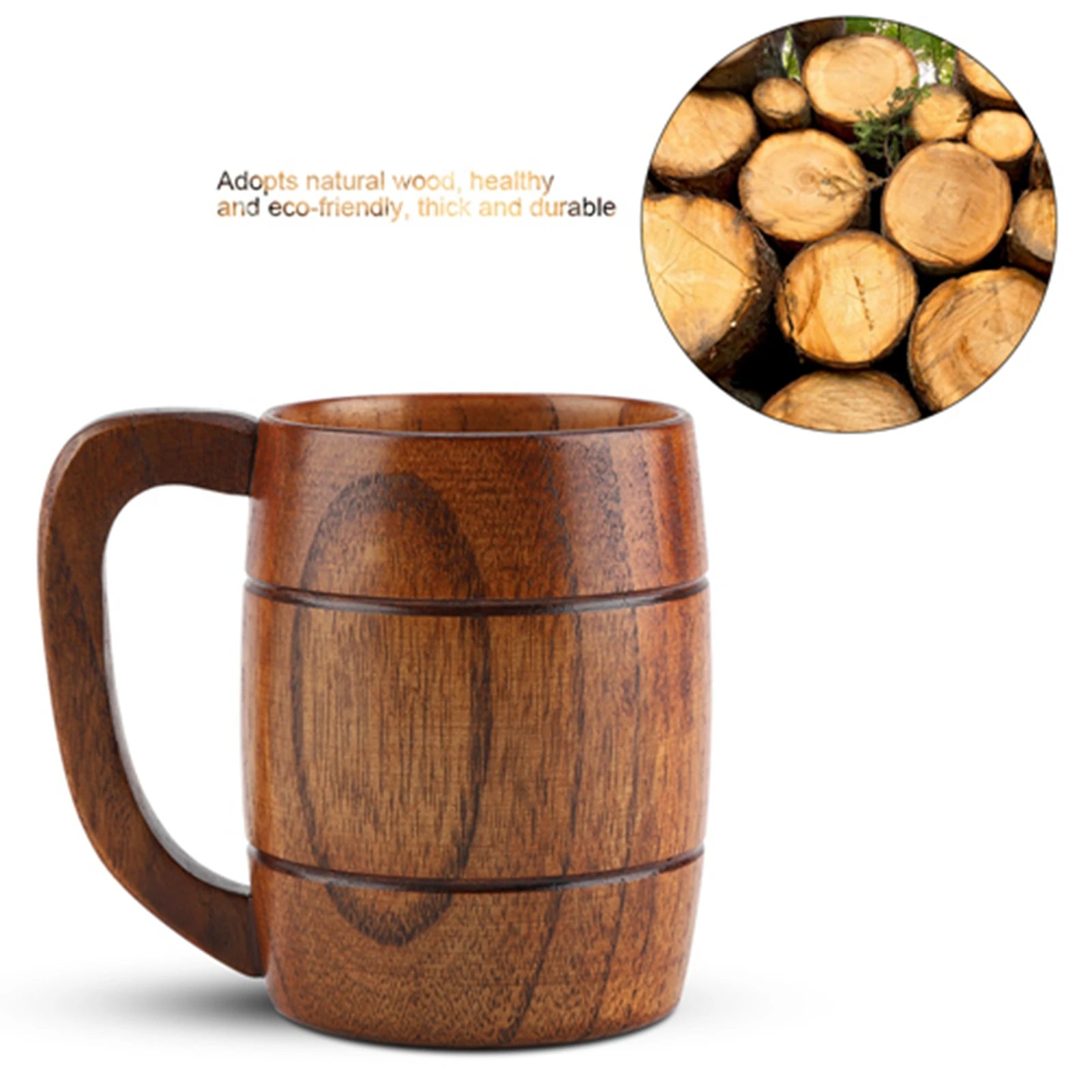 Natural Wooden Beer Cup Retro Big Capacity Mug - With Handle