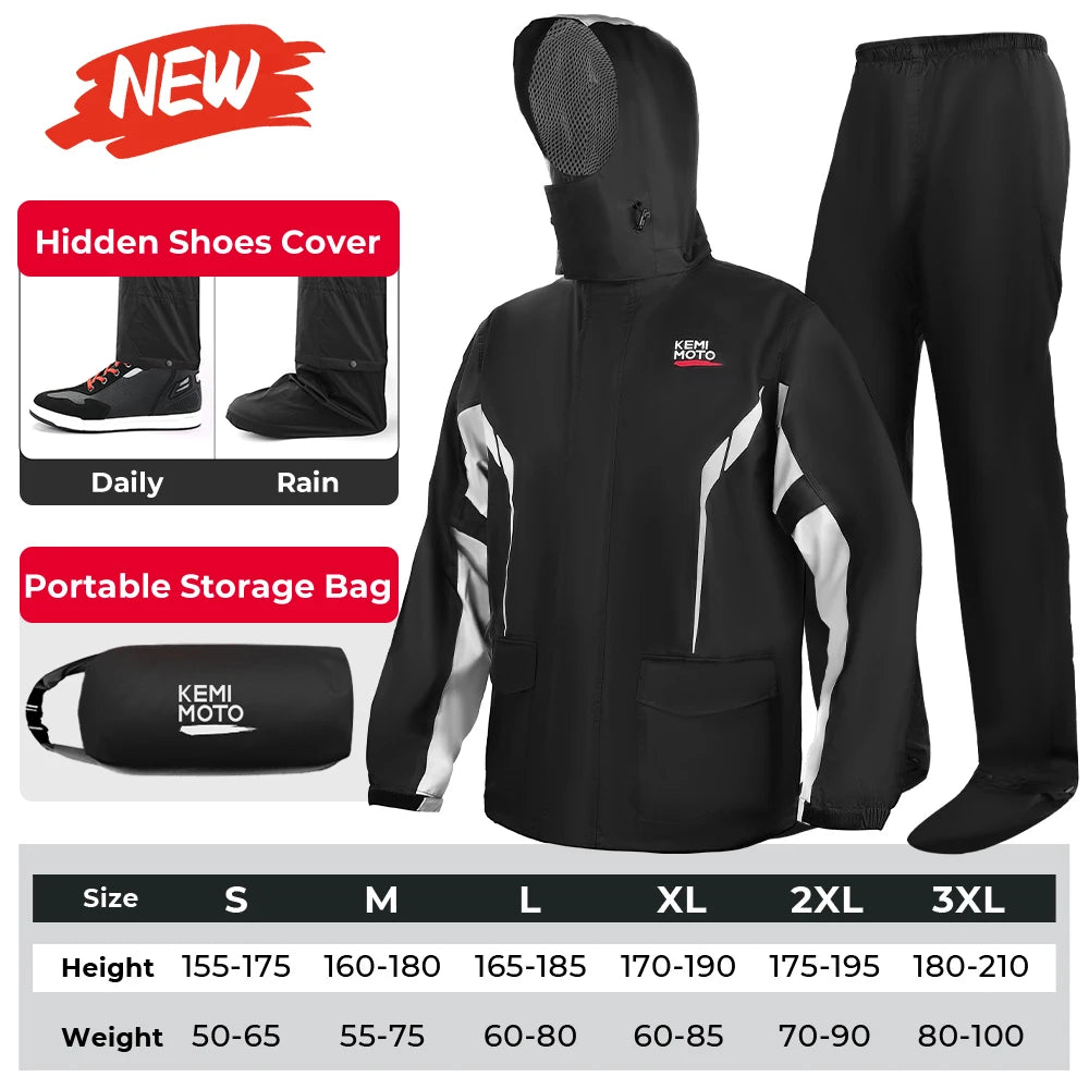 KEMITOUR Summer Motorcycle Raincoat &ndash; LED Alert Rain Gear KEMIMOTO-Black / M / CHINA