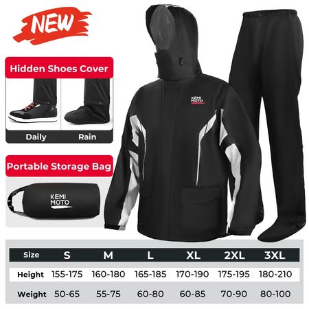 KEMITOUR Summer Motorcycle Raincoat &ndash; LED Alert Rain Gear KEMIMOTO-Black / M / CHINA