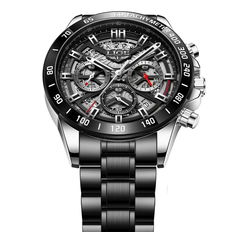 LIGE 2024 Men Watch &ndash; Waterproof Chronograph Quartz Silver black