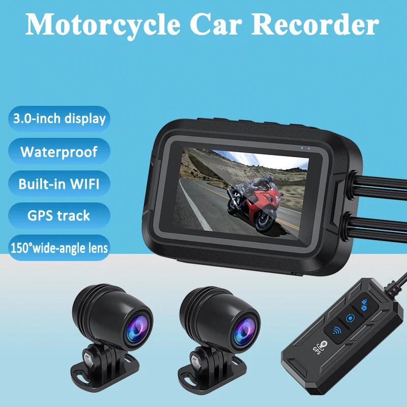 Moottoripyörän kaksitoiminen kojelautakamera etu- ja takanäkymällä, vedenkestävä, GPS
