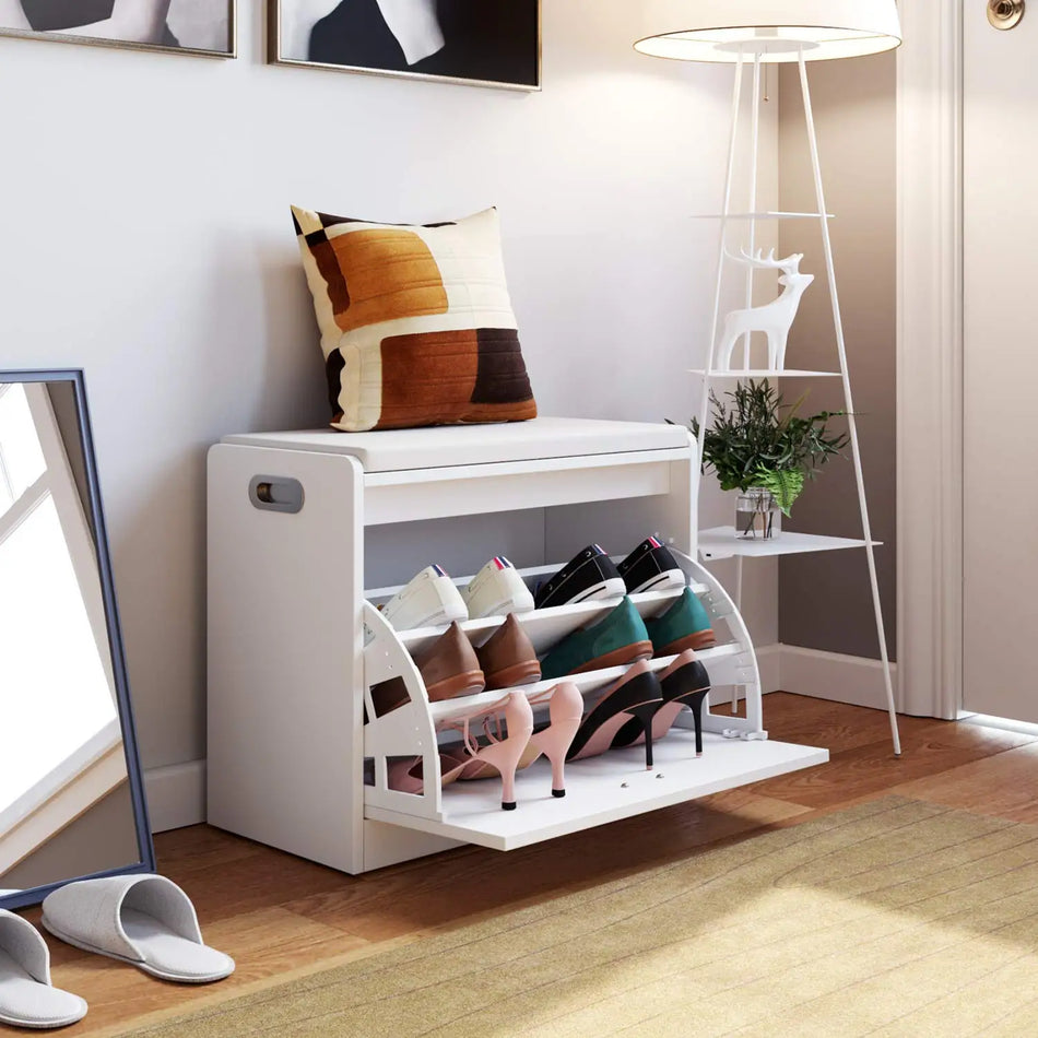 Getone Λευκό Παγκάκι Παπουτσιών Με PU Δερμάτινη Έδρα και Αναδιπλούμενο Συρτάρι