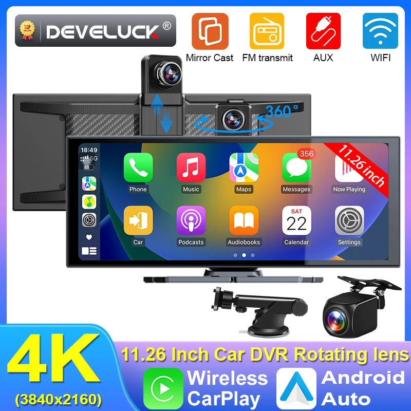 Cameră auto DVR 4K de 11,26 inch cu Dash Cam, CarPlay wireless și GPS