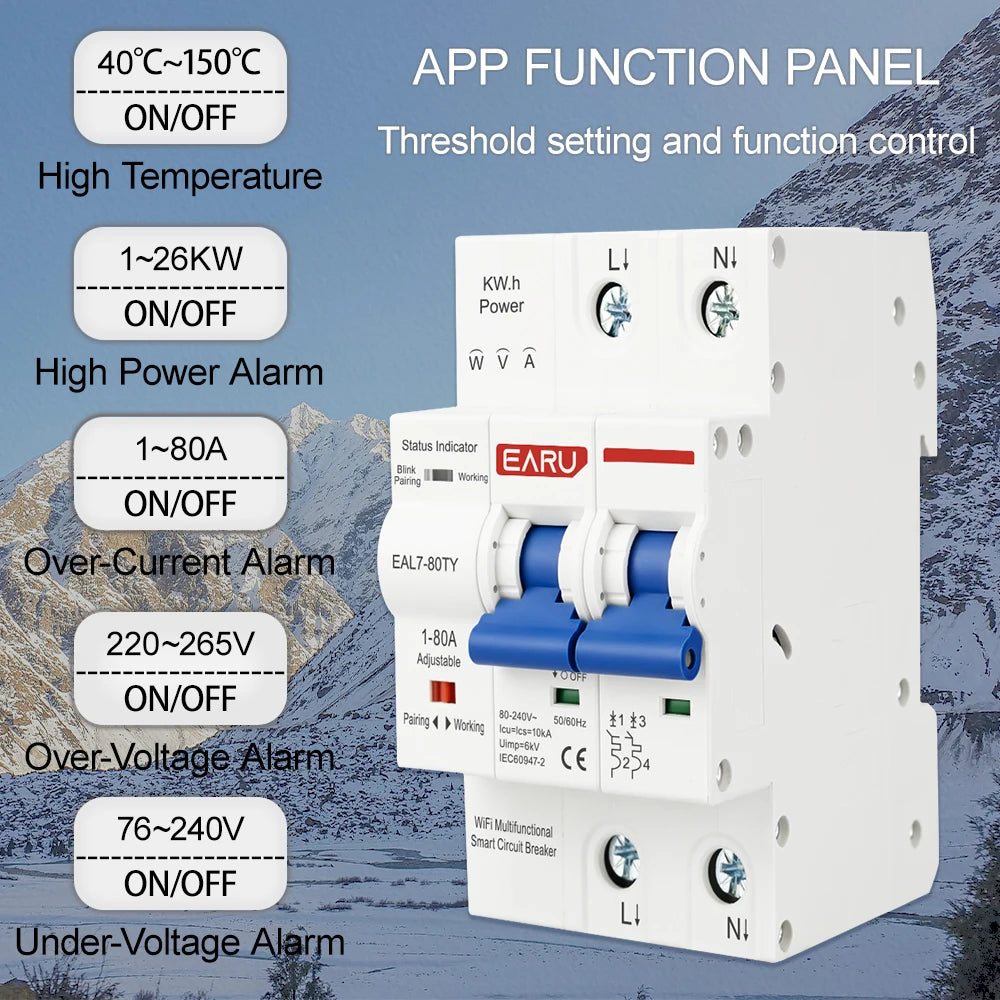 Adjustable Tuya WiFi Smart Circuit Breaker with Energy Meter and Protection Features