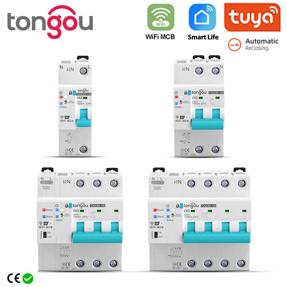 TONGOU Smart WiFi Metering Circuit Breaker with Remote Control and Protection Features 1-63A adjustable / 4P