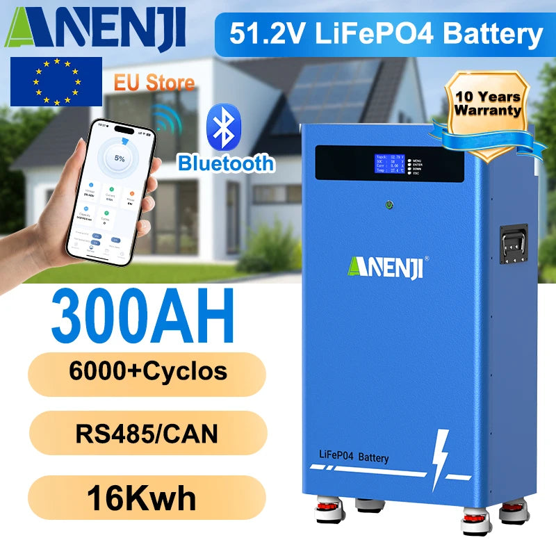 Μπαταρία Αποθήκευσης Ενέργειας ANENJI LiFePO4 με Bluetooth BMS, 16kWh, 300Ah, 6000 Κύκλοι, Σχεδίαση Μονάδας IP65