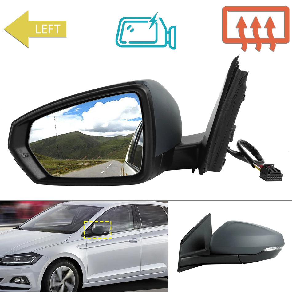 VW Polo MK6 VI 2017 On Left Side Heated Rearview Mirror Assembly