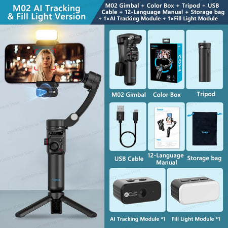 M02 3-Axis Handheld Gimbal Stabilizer with Wireless Remote for Smartphone M02 AI and Light / NO add - Option 1 / CHINA