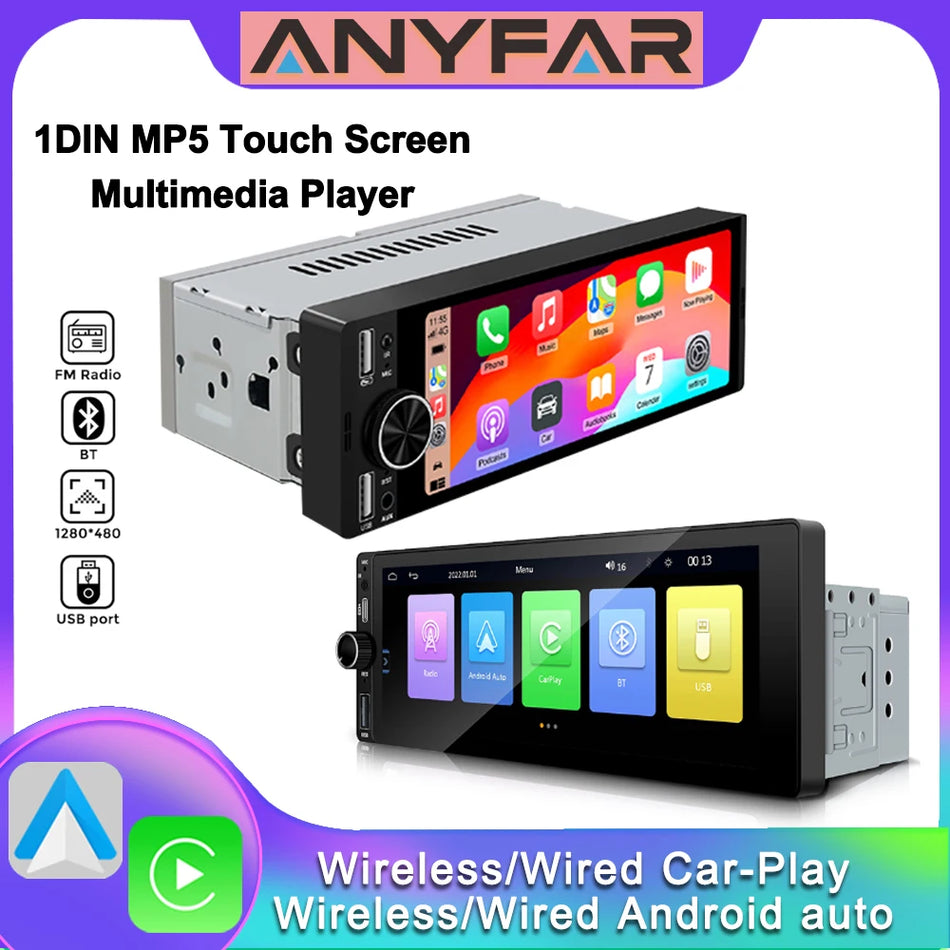Anyfar 1DIN Αυτοκινητιστικός Πολυμέσα Παίκτης CarPlay, Android Auto, Bluetooth