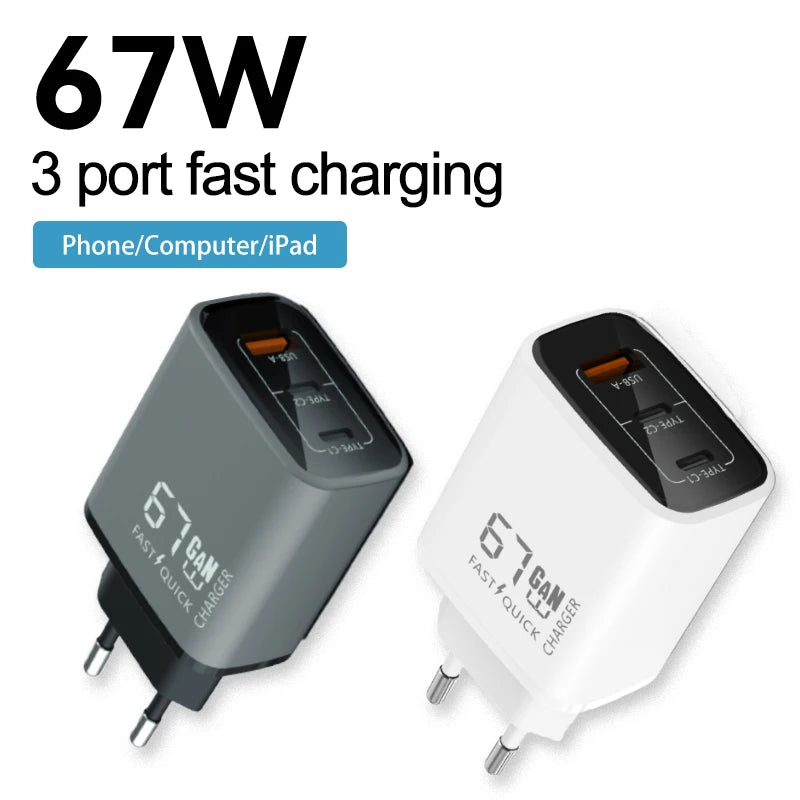 67W GaN USB-C Charger &ndash; Ultra-Fast Triple Port Charging