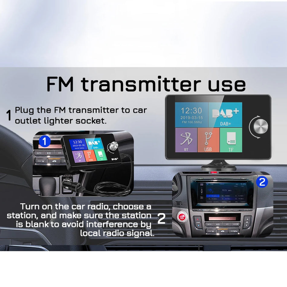 In-Car DAB Radio Receiver With Screen, Stereo Sound And FM Transmitter