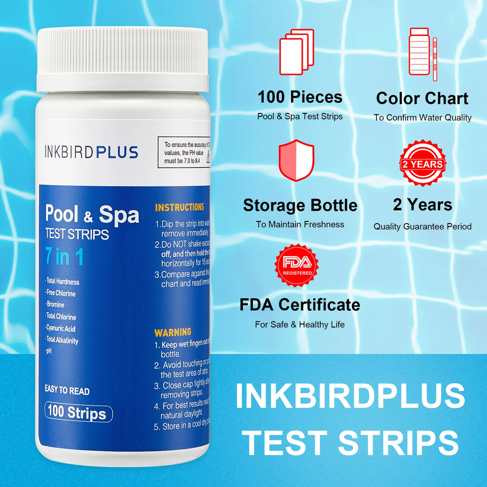 Tiras de Teste de Água para Piscina 7 em 1, 100 Unidades para pH, Cloro, Alcalinidade