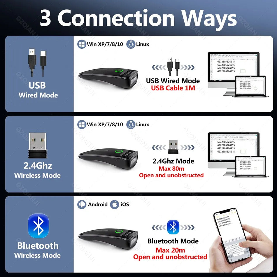 Bezvadu 2D svītrkodu skeneris Mini Data Matrix ar atmiņu, Bluetooth USB