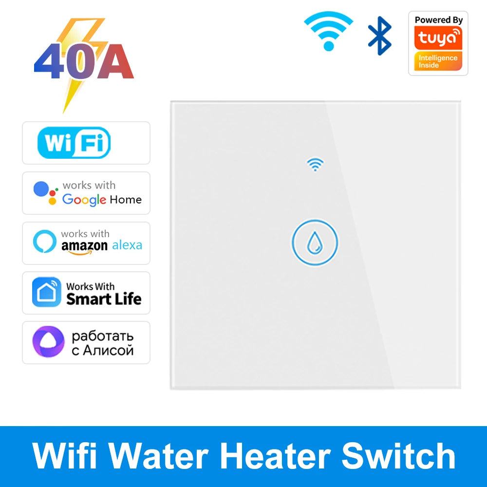 Tuya Smart 40A WiFi &amp; Bluetooth Water Heater Touch Switch White