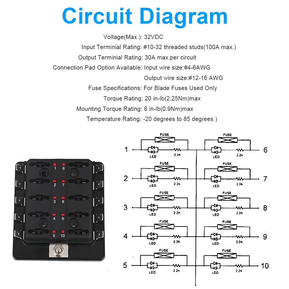 Universal 12V Car Boat Fuse Box Holder With 10 Ways Blade Fuse Holder Block &amp; Warning Indicator for Car Marine Boat