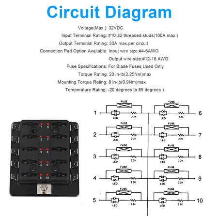 Universal 12V Car Boat Fuse Box Holder With 10 Ways Blade Fuse Holder Block &amp; Warning Indicator for Car Marine Boat