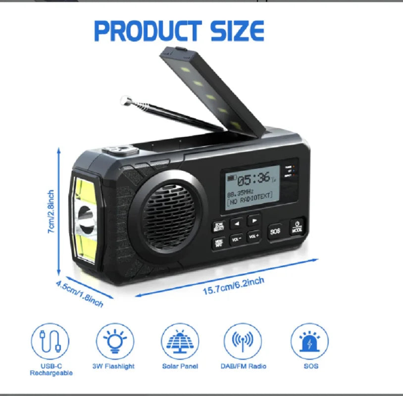 DAB+ Portable Hand Crank Radio Emergency Radio with Solar Charging, Bluetooth &amp; SOS Alarm