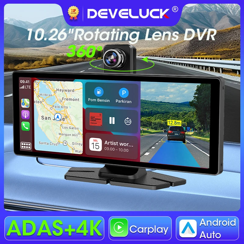 Câmara de Tablier 4K de 10,26 Polegadas ADAS com CarPlay Sem Fios e Android Auto DVR de Dupla Lente Rotação de 360 Graus Estacionamento 24 Horas