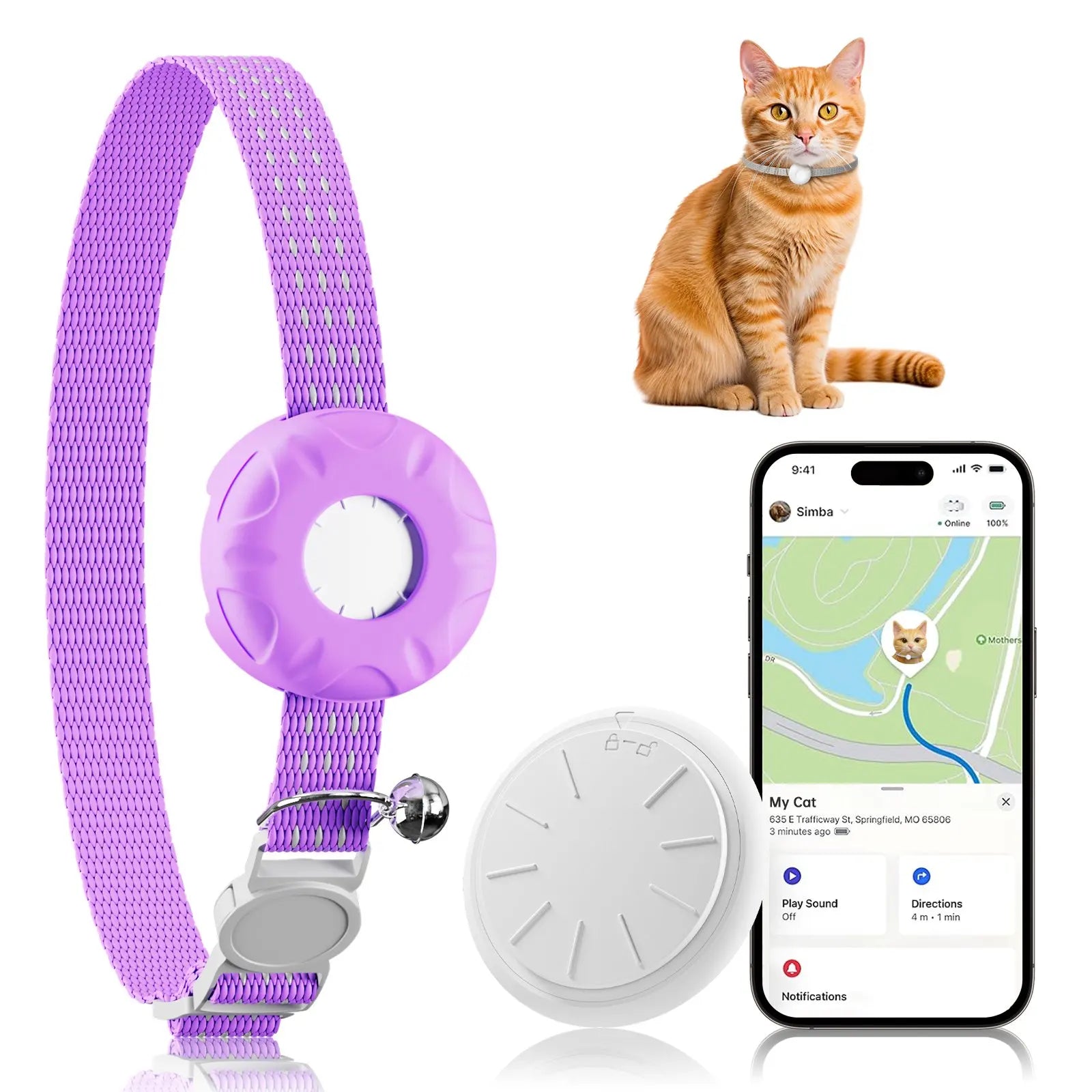 Cat GPS Tracker Real Time Anti Loss Device &ndash; No Monthly Fee Cat-Chain-Purple