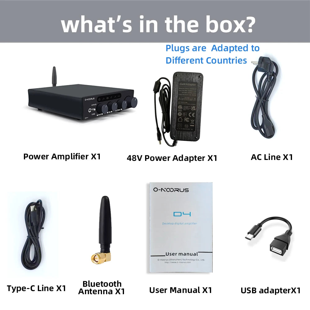 O-NOORUS D4 2.1 Channel Amplifier with HDMI ARC, Bluetooth 5.3 and Multi-Input Support 48V5A Power adapter