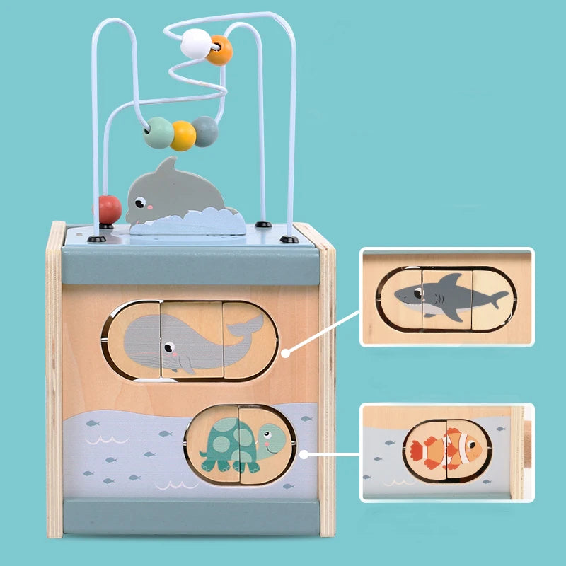 Wooden 5in1 Baby Activity Cube With Bead Maze And Shape Sorter