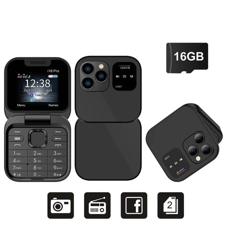 SERVO 2024 Mini Flip Phone &ndash; Ultra Slim Dual SIM FM Radio Black N 16GB TF card