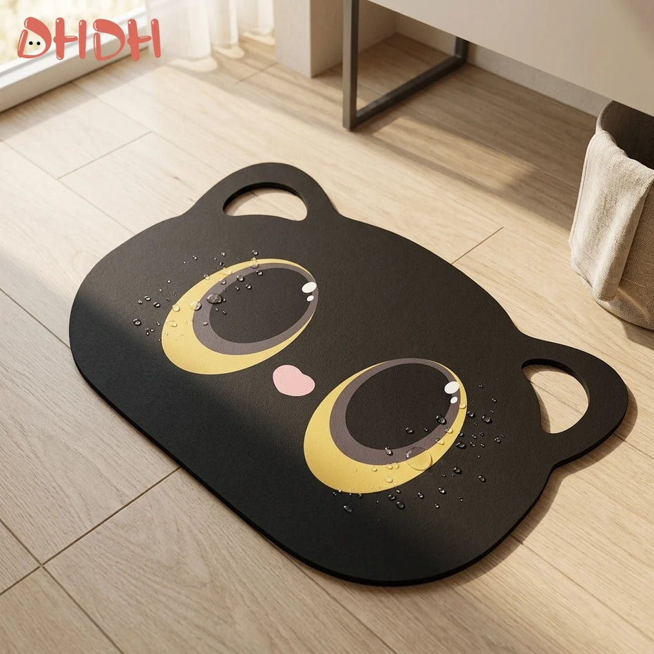 Tapis de bain en boue de diatomite à séchage rapide, antidérapant, design de chat noir en cartoon