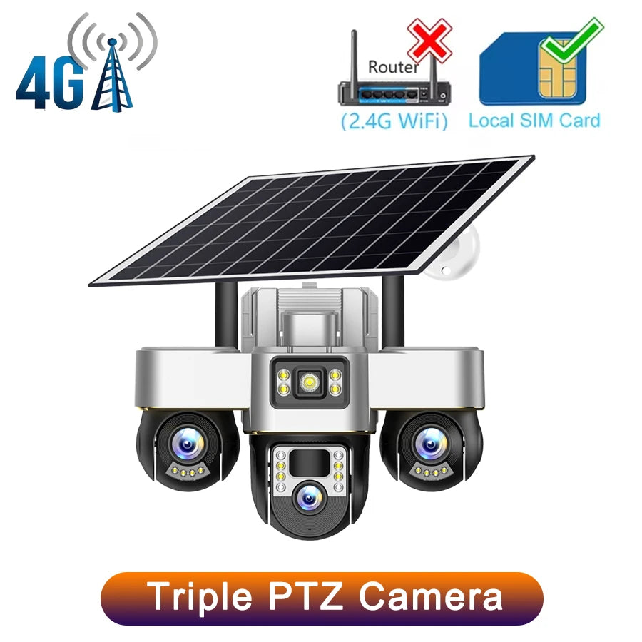 15MP 4G Three PTZ Solar Camera Three screen PIR Human Tracking Security CCTV Surveillance IP Camera PTZ control for all 3 Lens 4G Camera No Card