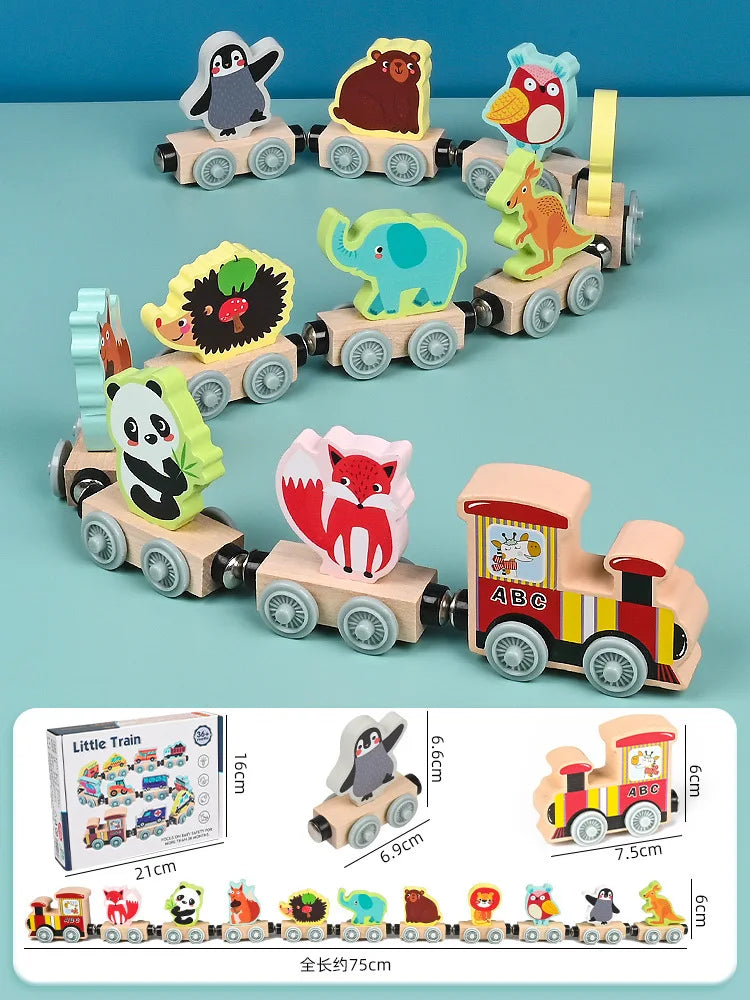 Montessori Magnetic Wooden Educational Train Set - Learning Colors and Animals Puzzle for Kids, Includes 10 Carriages with Cute Themes Animal