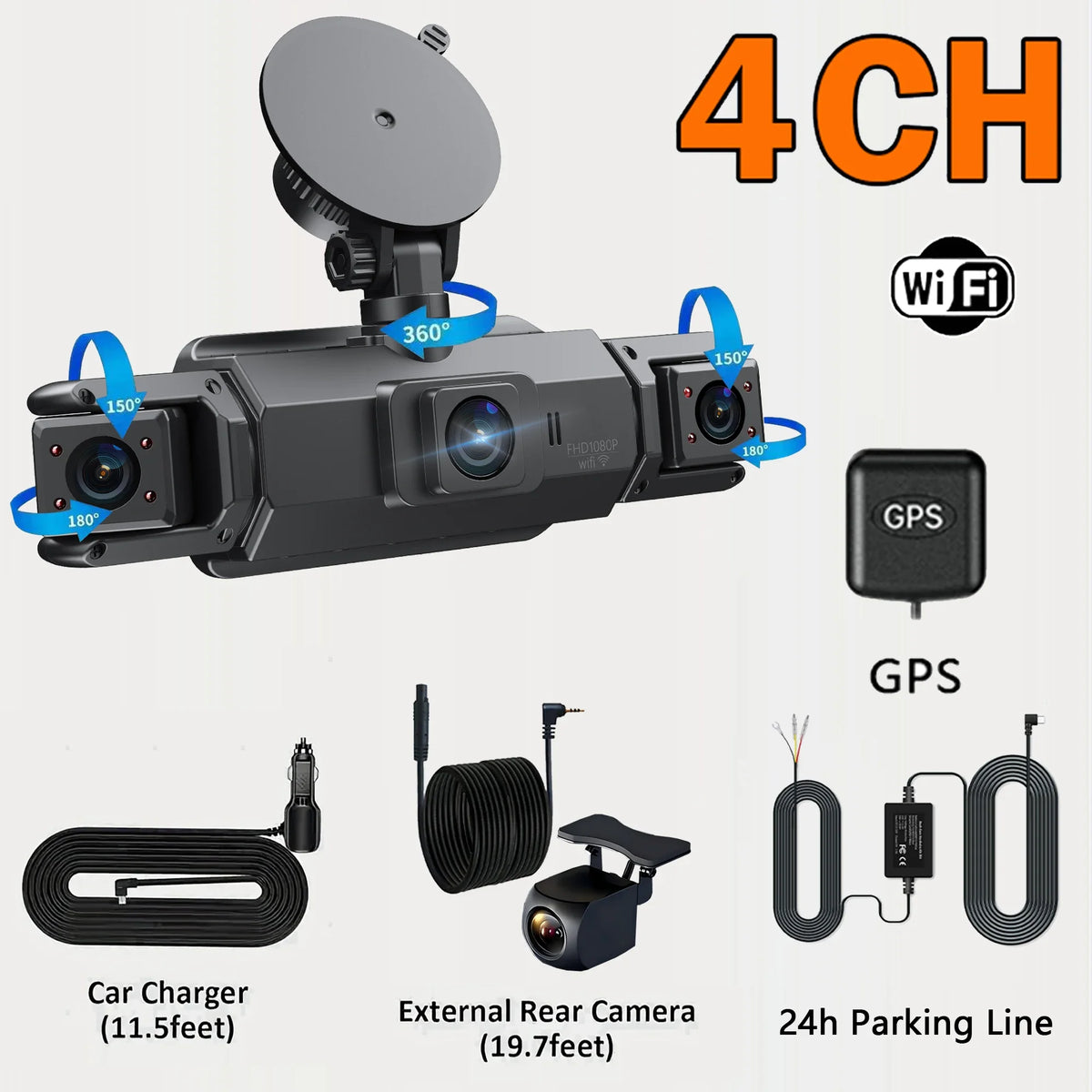 4CH GPS Dashcam with Night Vision &amp; 360&deg; 4Ch DVR Hardwire / With 128G SD Card