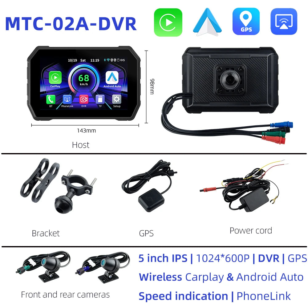 EVKEY Carplay Display Screen &ndash; Portable 5 Inch Motorcycle GPS Navigation MTC-02A-DVR