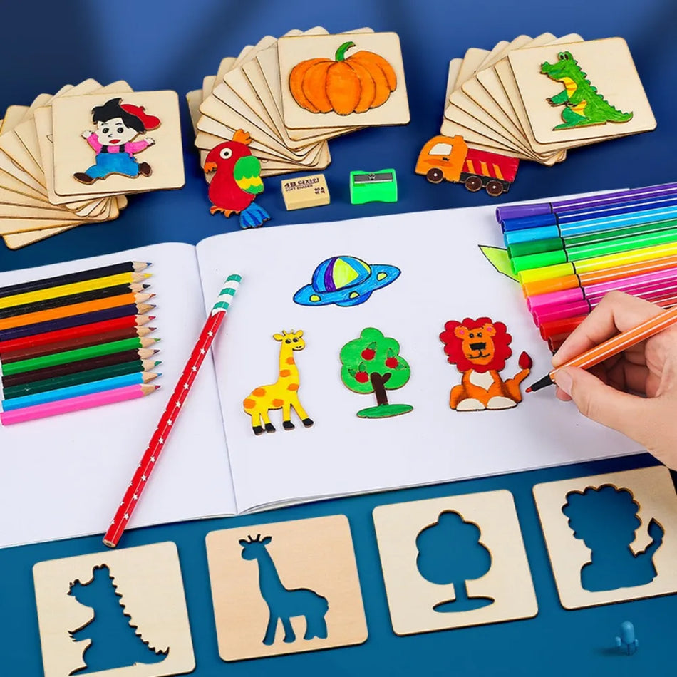 Montessori Wooden Drawing Stencils Set - 20pcs Educational DIY Painting Templates for Kids