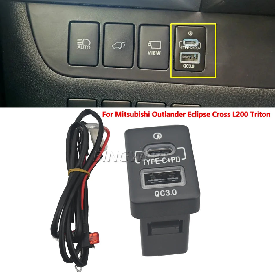 Încărcător auto USB PD Quick Charge QC3.0 pentru Mitsubishi Outlander și Eclipse Cross