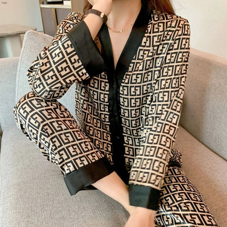 Summer Pajamas Woman New Ice Silk Long-Sleeved V-Neck Cardigan Set