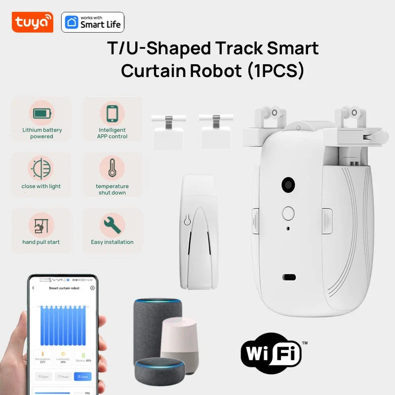 Tuya Smart Curtain Robot WiFi APP Remote Control/Voice Control(Alexa Google Siri)ForTU-Rail shaped Track,Pull-to-start,8KG load WIFI-TU-Single