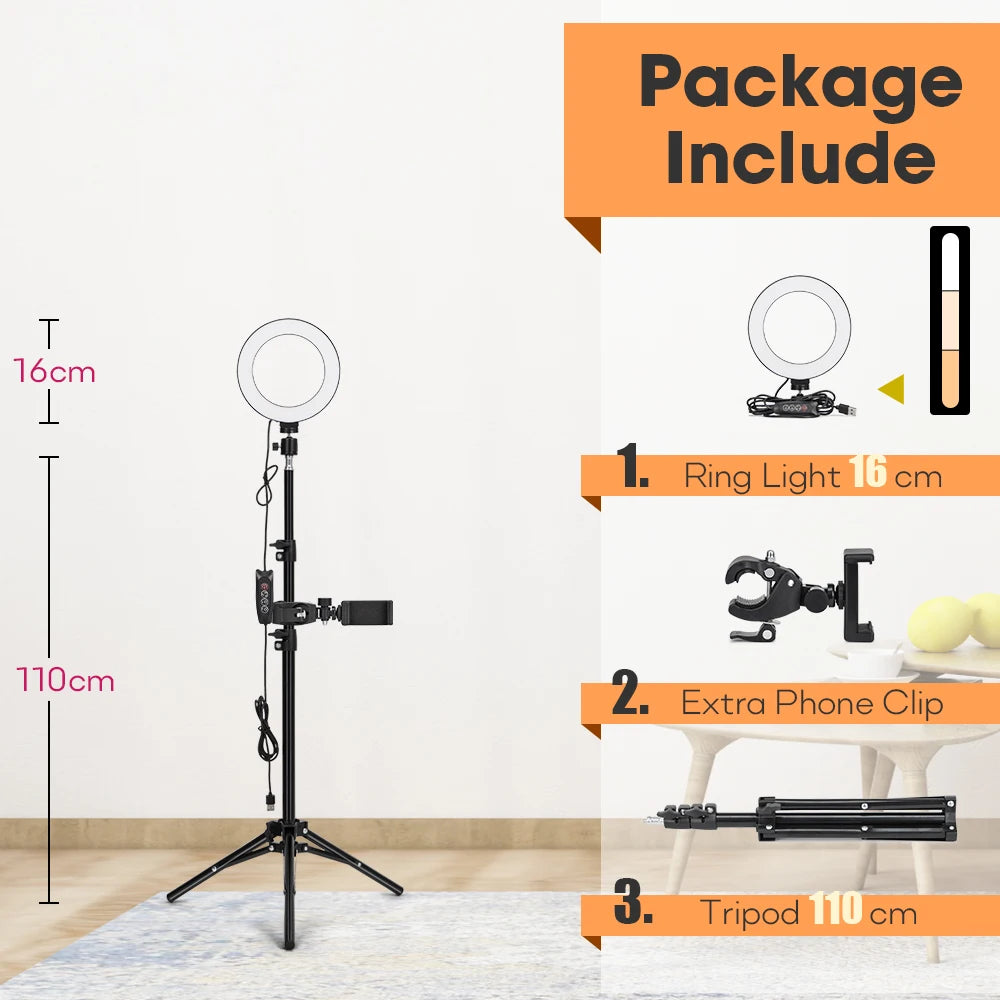 Professional Tripod with LED Ring Light for Phone and Camera 16cmLamp 110cm Stand