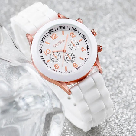 Elegant Women's White Silicone Quartz Watch Set
