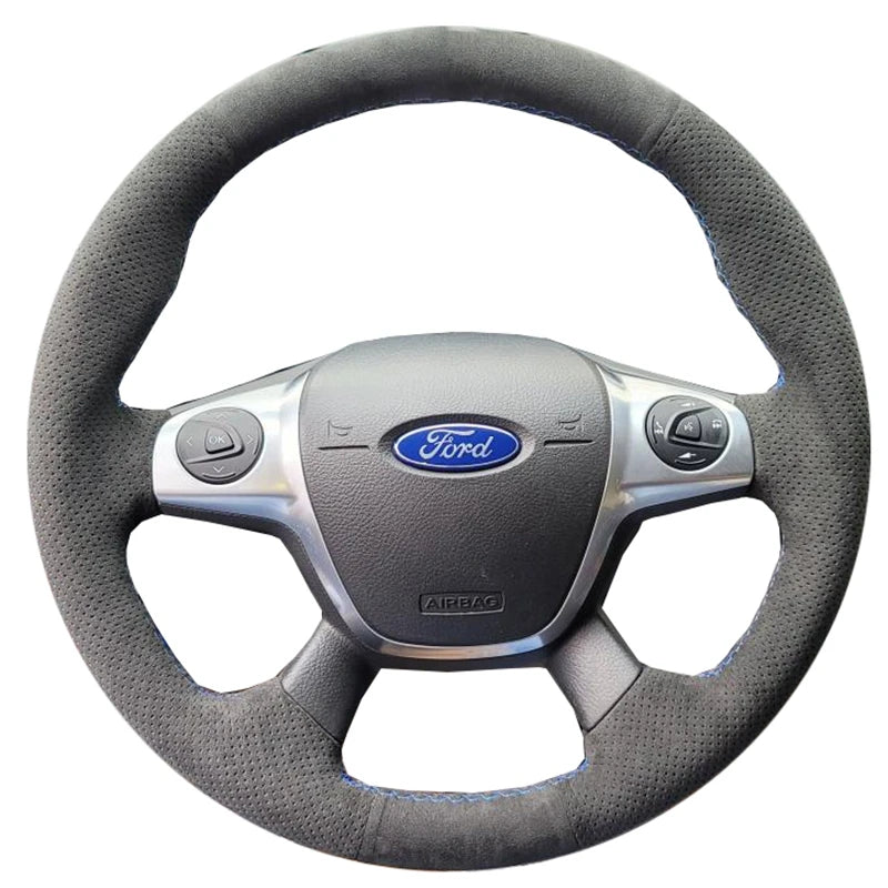 Couvre-volant en suède noir cousu à la main pour Ford Focus Kuga
