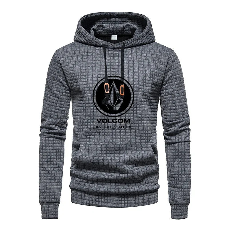 Autumn and winter, casual sportswear, men's checkered design pockets and shoelaces, waffle embossed hooded sweater