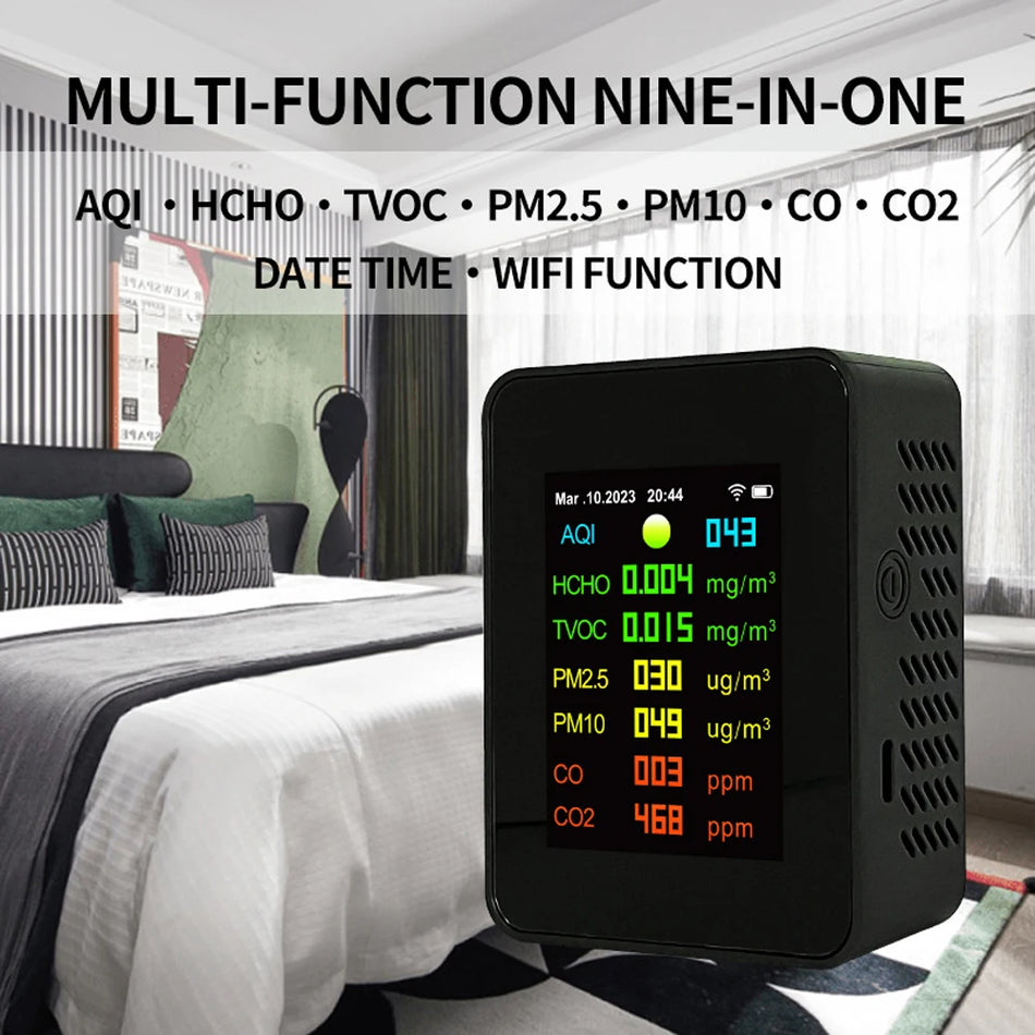 Tuya WIFI 7i1 Luftkvalitetstest HCHO CO CO2 PM2.5 PM10 TVOC AQI Testtid Dato Display Luftanalysator Kuldioxid Detektor