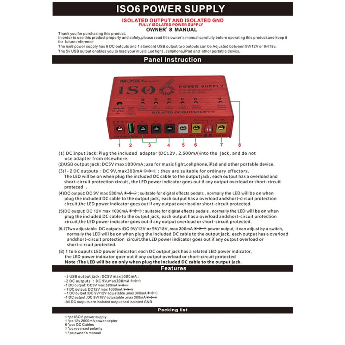Mosky ISO-6 Guitar Pedal Power Supply &ndash; Six Isolated DC