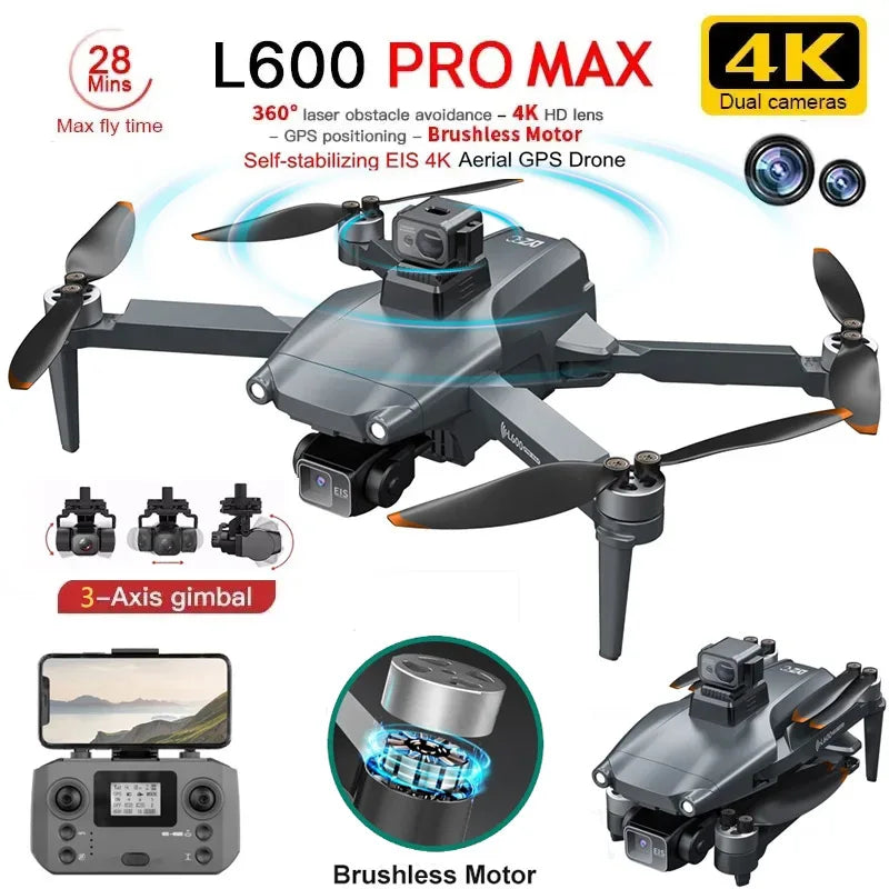 🟠 L600 Pro Max Drone 4K Трехо осевой PTZ HD Двойной камеры лазерный препятствие предотвращение предотвращения бесщеточного мотора GPS 5G Wi-Fi RC FPV Квадрокоптер игрушки