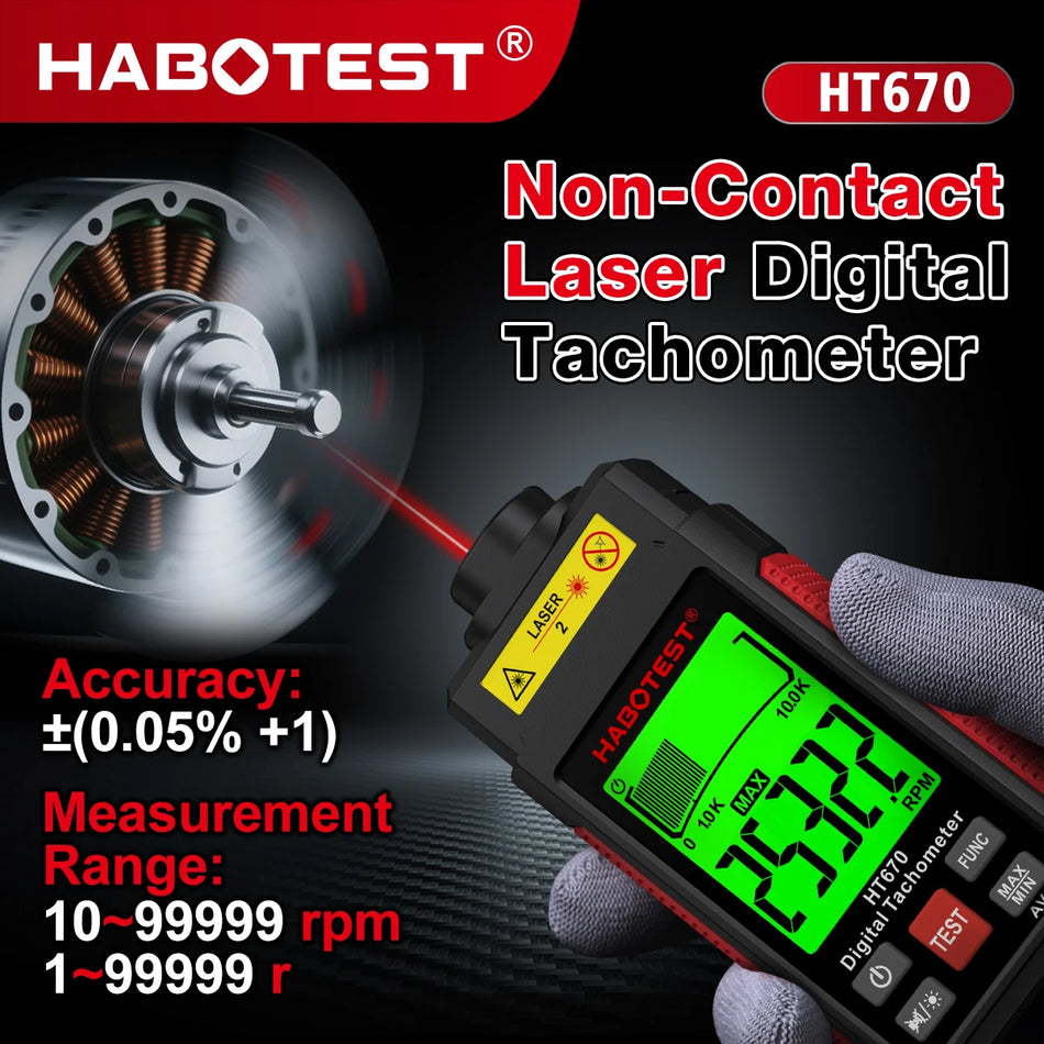 HT670 Tacómetro Digital 10-99999RPM Medidor de Velocidade Portátil Sem Contato
