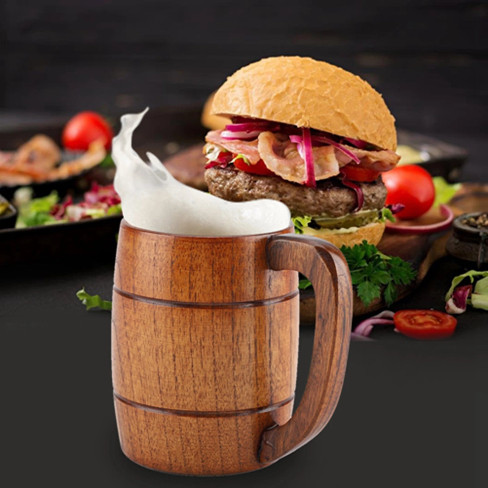 Natural Wooden Beer Cup Retro Big Capacity Mug - With Handle